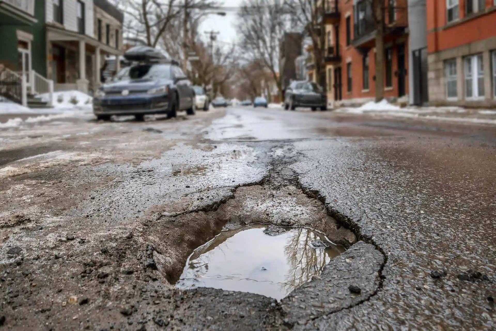 A pothole in a neighborhood road is filled with water after melted snow