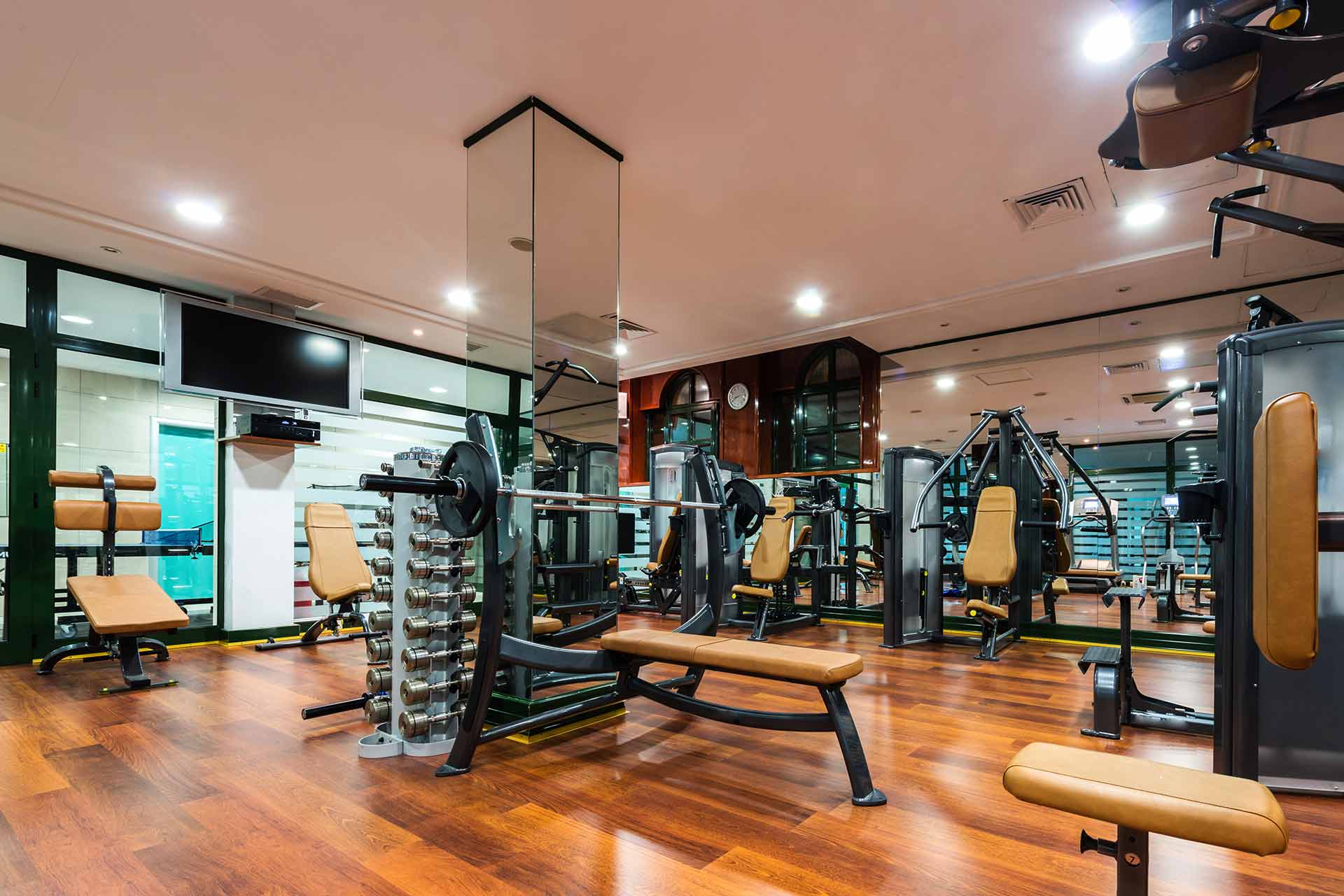 An empty health club gym